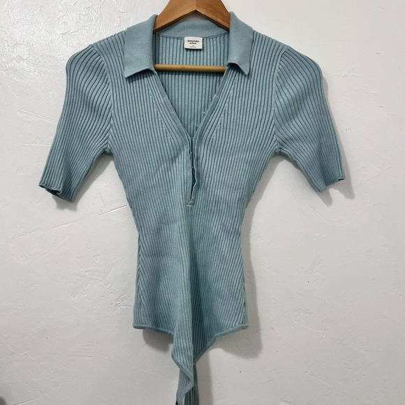 Abercrombie & Fitch Hook and Eye Bodysuit Short  Sleeve‎ Collar Rib Knit Blue S - Picture 1 of 5